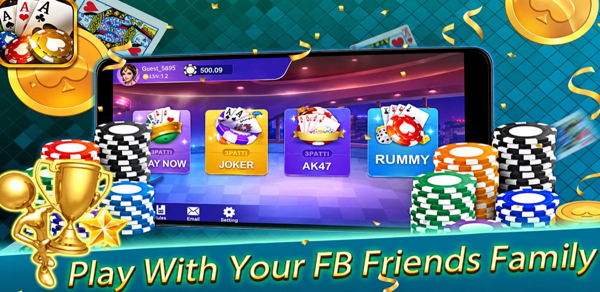 Promotional game lobby artwork with Teen Patti and Rummy tiles