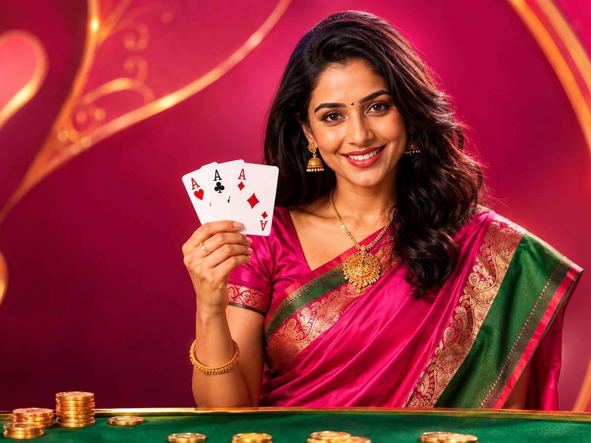 Indian woman in a rose-pink and emerald sari holding three cards at a green Teen Patti table